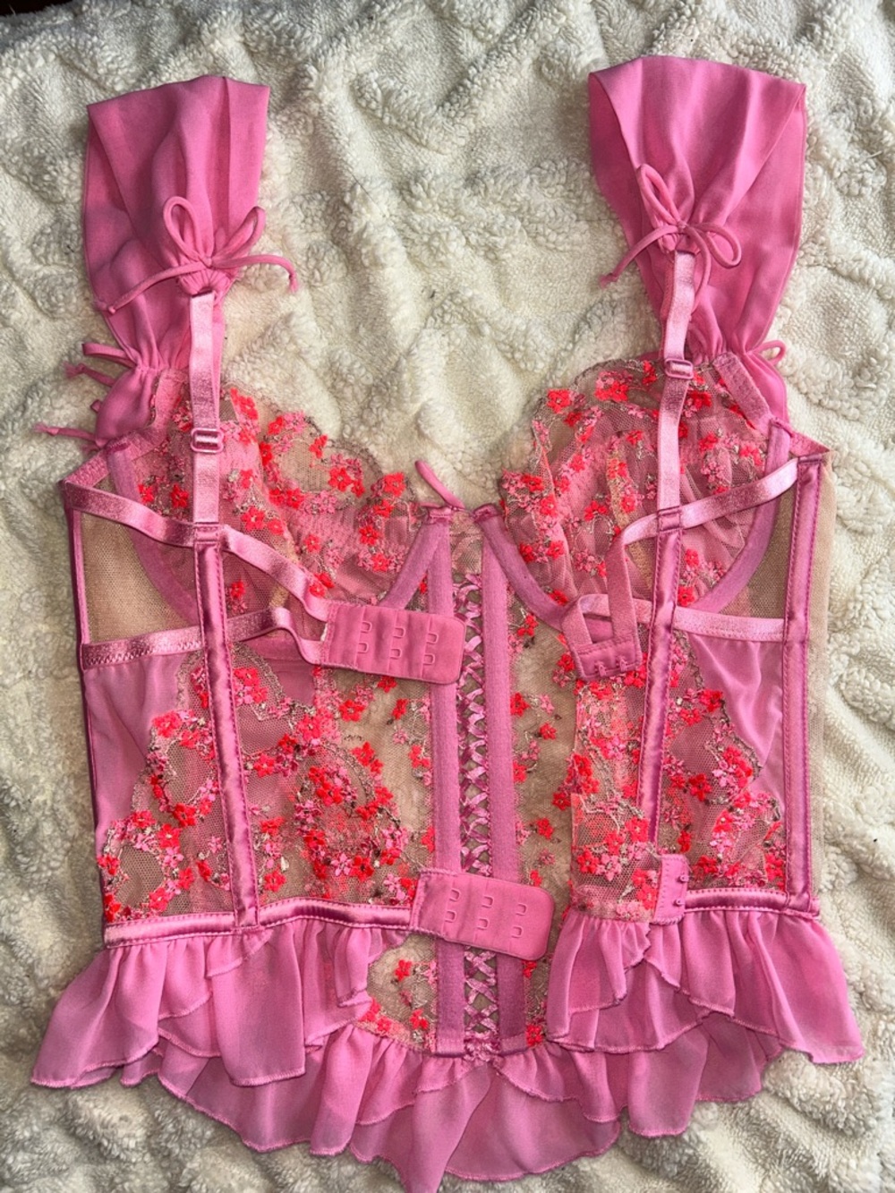 Pink Floral Lace Ruffled Bralette Top - Picture 14 of 17
